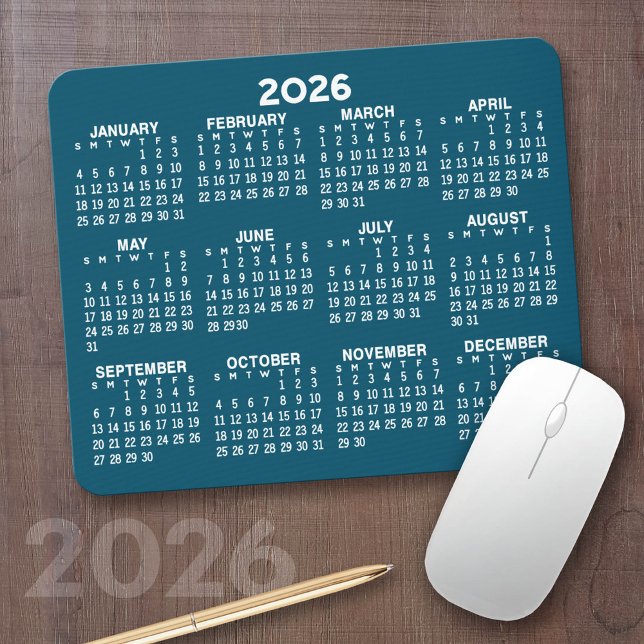 Calendar - modern blue and white simple mouse mat (2026 Calendar on a Mousepad)
