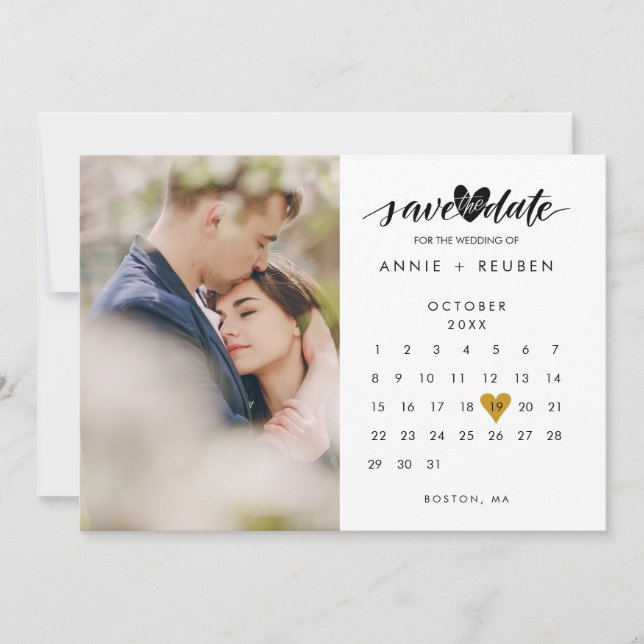 Calendar Modern Elegant Gold Heart Photo Wedding Save The Date (Front)
