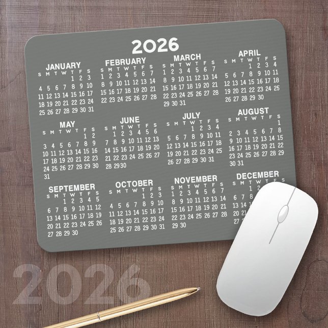 Calendar - modern grey and white simple mouse mat (2026 Calendar on a Mousepad)