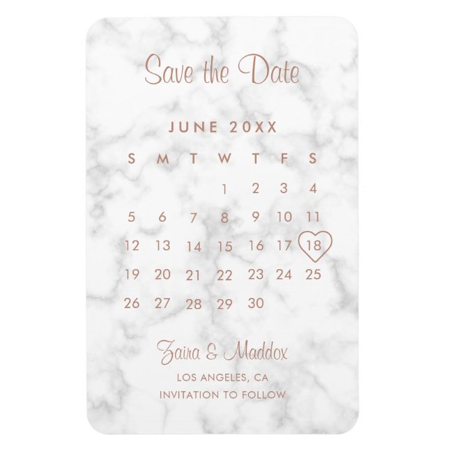 Calendar Modern Marble Rose Gold Save the Date Magnet (Vertical)