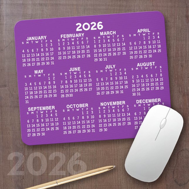 Calendar - modern purple and white simple mouse mat (2026 Calendar on a Mousepad)