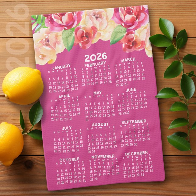 Calendar Painted Watercolor Flowers hot pink Tea Towel (2026 Calendar)