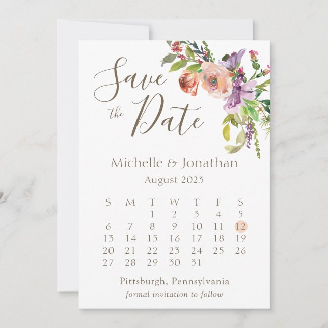 Calendar Photo Sage Green Boho Flowers Wedding Save The Date (Front)