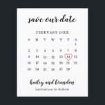 Calendar Red Heart Budget Wedding Save the Date<br><div class="desc">Modern budget save the date featuring a calendar in black and white with the words, "Save Our Date" and your names in a handwriting font and a red heart surrounding your date. This simple design is great for a minimalist couple. DESIGN TIP: For a column that does not have a...</div>
