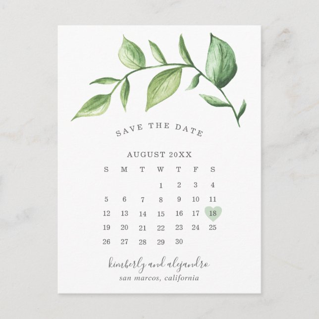 Calendar Rustic Greenery Save the Date Announcement Postcard (Front)