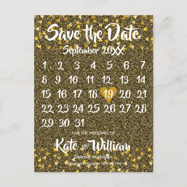 Calendar Save the Date Gold Love Hearts Glitter Announcement Postcard (Front)