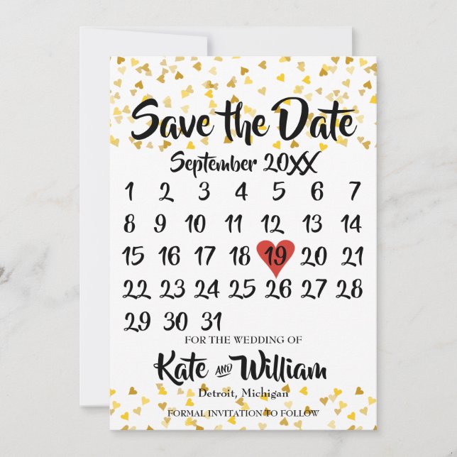 Calendar Save the Date Golden Love Hearts Confetti (Front)