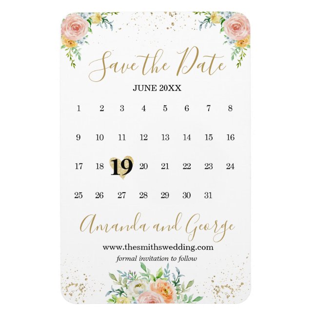 Calendar Save the Date Magnet flowers and gold (Vertical)