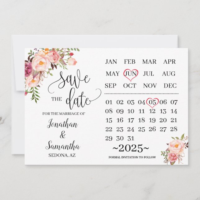 calendar save the date Pink floral wedding day Invitation (Front)