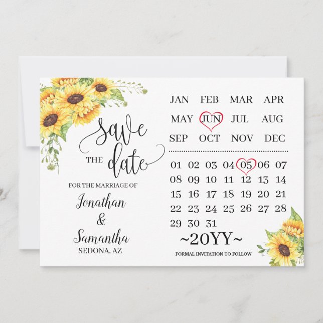 calendar save the date sunflowers wedding day invitation (Front)