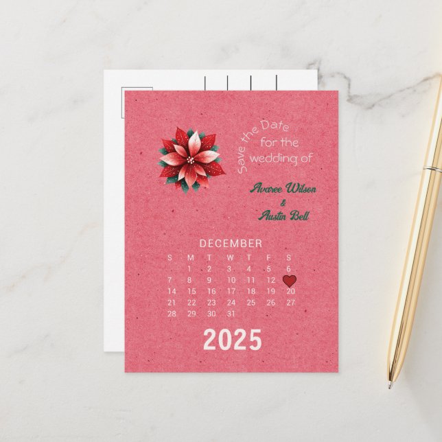 Calendar Style Wedding Save the Date December Announcement Postcard (Front/Back In Situ)