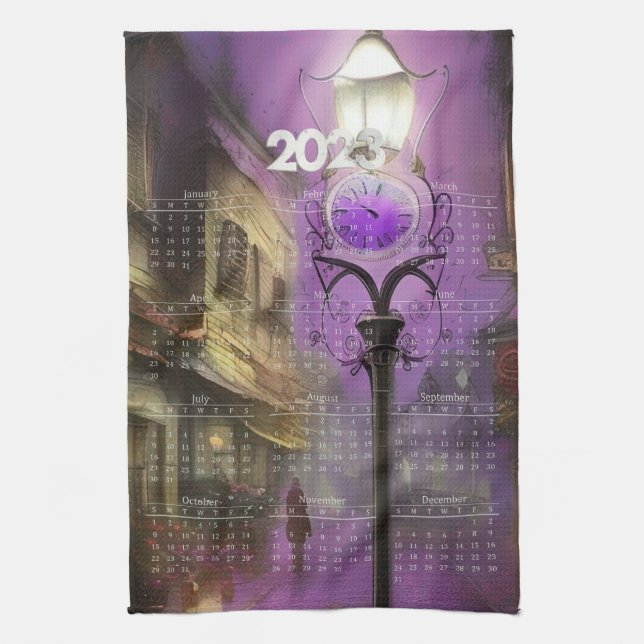 Calendar Towel - London Street clock Lamp Purple (Vertical)
