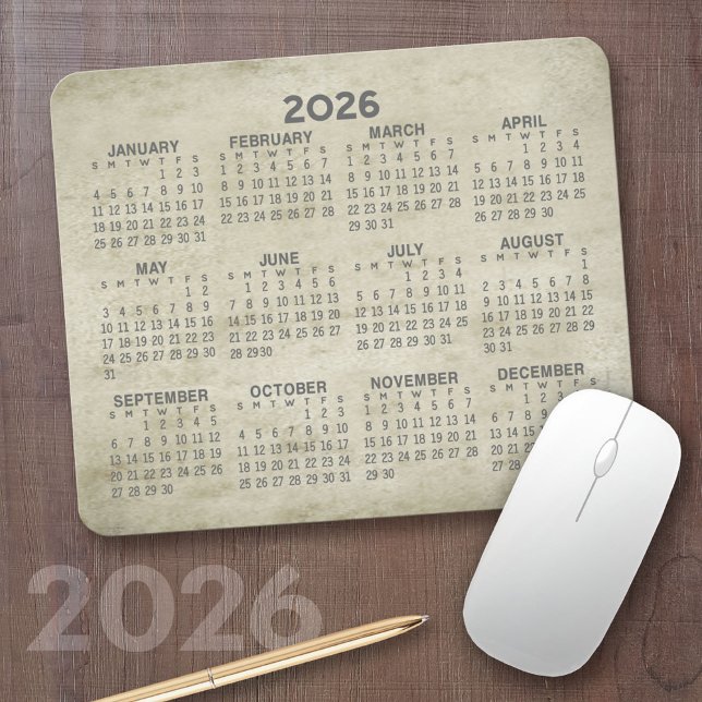Calendar - traditional parchment gold grey mouse mat (2026 Calendar Mousepad)