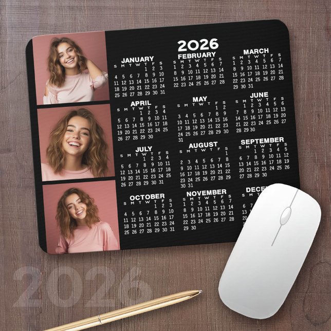 Calendar with 3 Photo Collage - black Mouse Mat (2026 Calendar with your logo or photos - Great Business Gift or Home Office Decor)