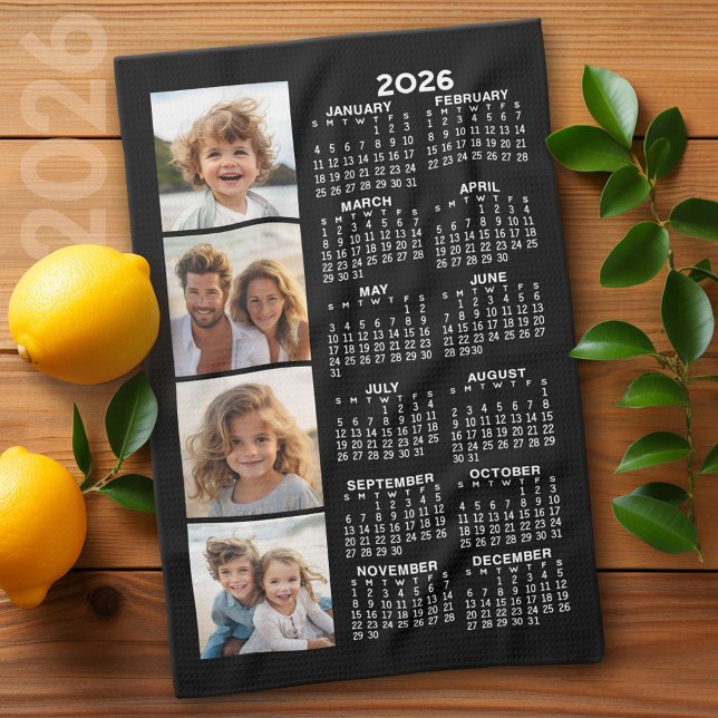 Calendar with 4 Photo Collage Black Tea Towel (2026 Calendar)