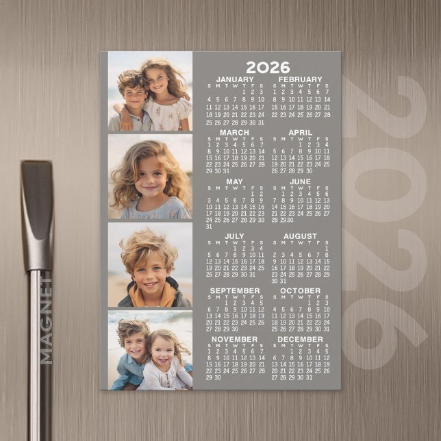 Calendar with 4 Photo Collage Magnetic Card - Grey (2026 Calendar with A Photo and Magnetic Back)