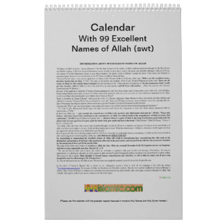 Calendar With 99 Names of Allah (swt) -God-
