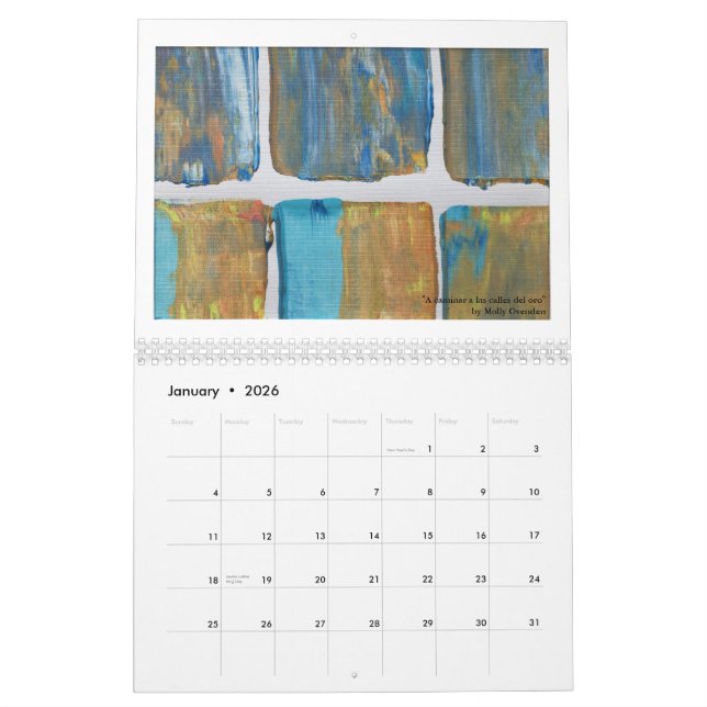 Calendar with bright art and tips for creativity (Jan 2026)