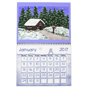 Calendar with cabins and landscapes