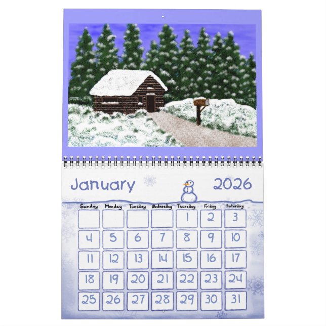 Calendar with cabins and landscapes (Jan 2026)