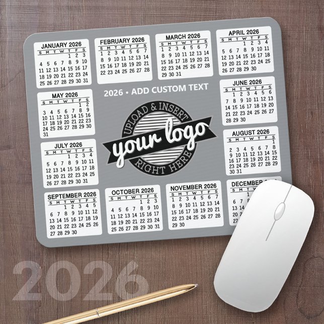 Calendar with logo and Text - Grey and White Mouse Mat (2026 Calendar Mousepad)