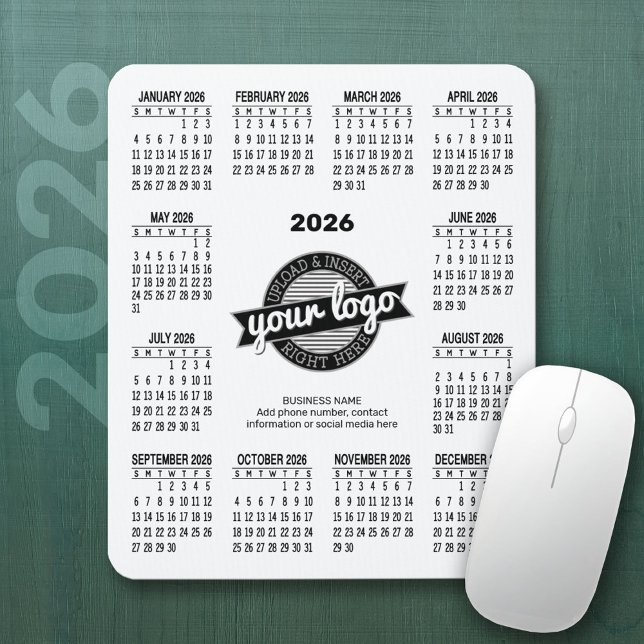 Calendar with logo, Contact Information White Mouse Mat (2026 Calendar Mousepad)