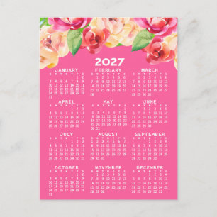 Calendar with Painted Watercolor Flowers pink Postcard