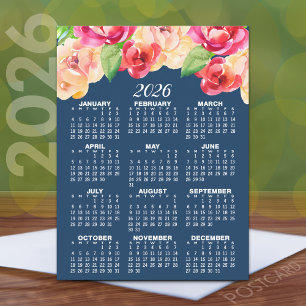 Calendar with Painted Watercolor Flowers Postcard