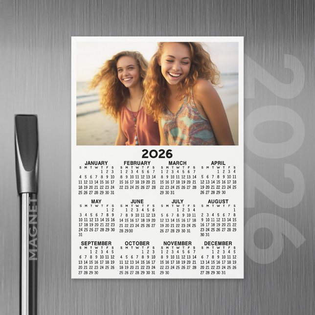 Calendar with Photo Full Year View Modern Minimal (2026 Calendar Magnet with Custom Photo)