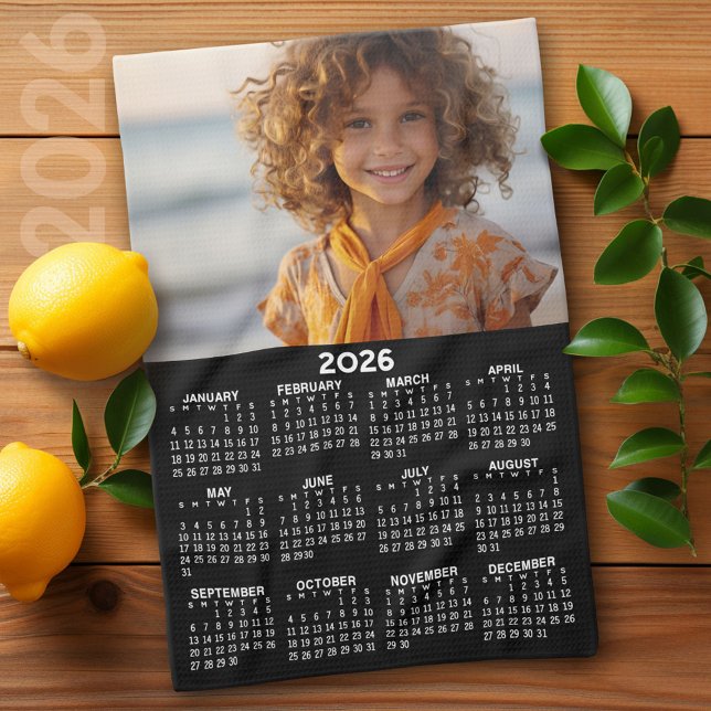 Calendar with Photo Full Year View Modern Minimal Tea Towel (2026 Calendar)