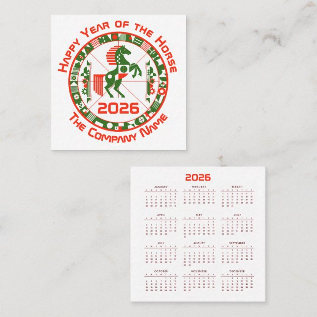 Calendar Year of the Horse 2026 Square Business Card (Front/Back)