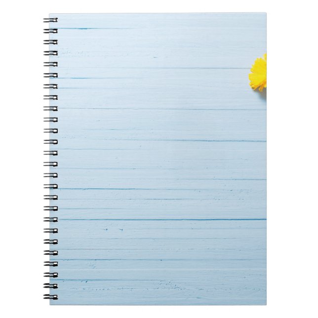 Calendula Flowers: Blue Wooden Background Notebook (Front)
