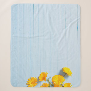 Calendula Flowers: Blue Wooden Background Sherpa Blanket