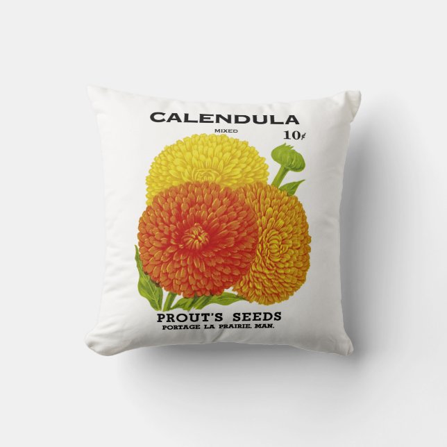 Calendula Vintage Seed Packet Cushion (Front)