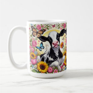 Calf in a Vibrant Floral and Butterfly Wonderland Coffee Mug