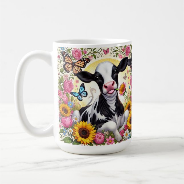 Calf in a Vibrant Floral and Butterfly Wonderland Coffee Mug (Left)
