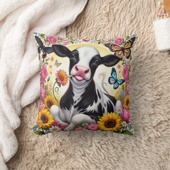 Calf in a Vibrant Floral and Butterfly Wonderland Cushion (Blanket)