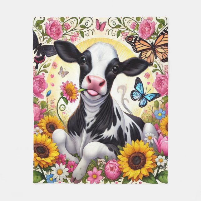 Calf in a Vibrant Floral and Butterfly Wonderland Fleece Blanket (Front)