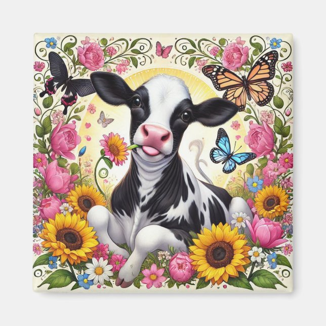 Calf in a Vibrant Floral and Butterfly Wonderland Magnet (Front)