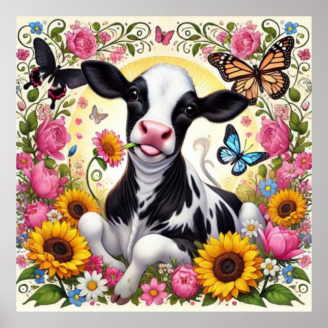 Calf in a Vibrant Floral and Butterfly Wonderland Poster (Front)