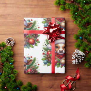 Calf in Santa Hat Surrounded by Christmas Ornament Wrapping Paper