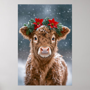 Calf in Snow with Poinsettia Wreath Poster