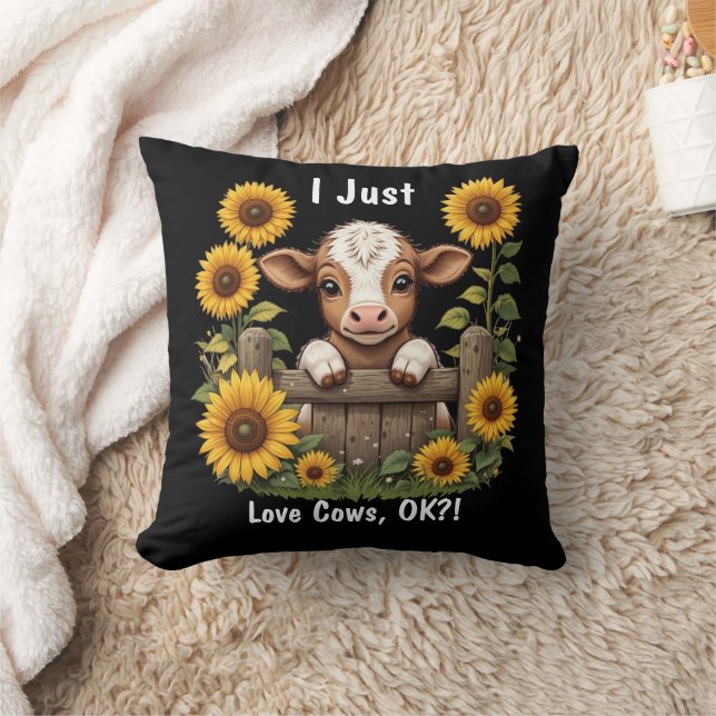 Calf Peeking Over Fence Surrounded by Sunflowers Cushion (Blanket)