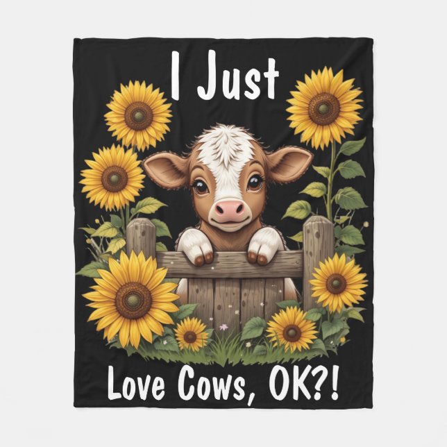Calf Peeking Over Fence Surrounded by Sunflowers Fleece Blanket (Front)
