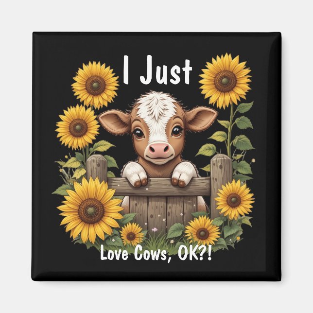 Calf Peeking Over Fence Surrounded by Sunflowers Magnet (Front)