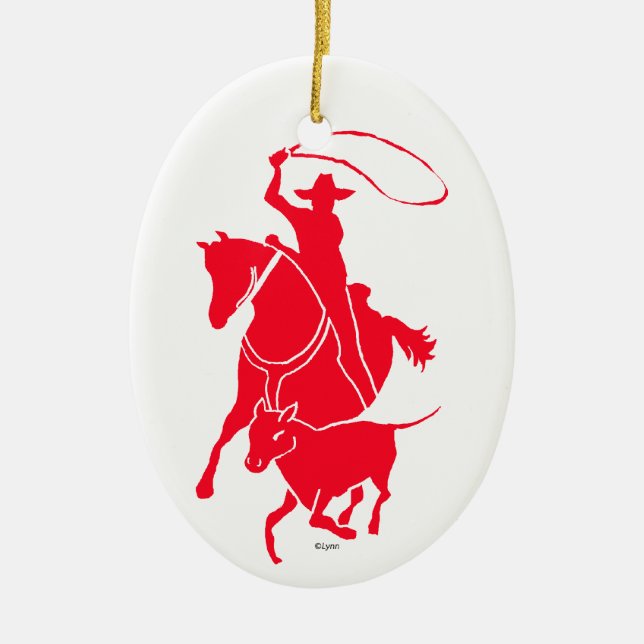 Calf Roper Red Ceramic Tree Decoration (Front)