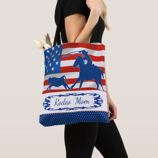 Calf Roping American Flag Rodeo Mum or Your Text Tote Bag (Close Up)