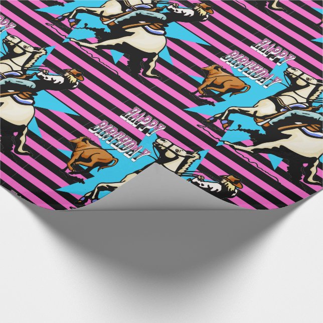 Calf Roping Rodeo Cowboy Cowgirl Happy Birthday Wrapping Paper (Corner)