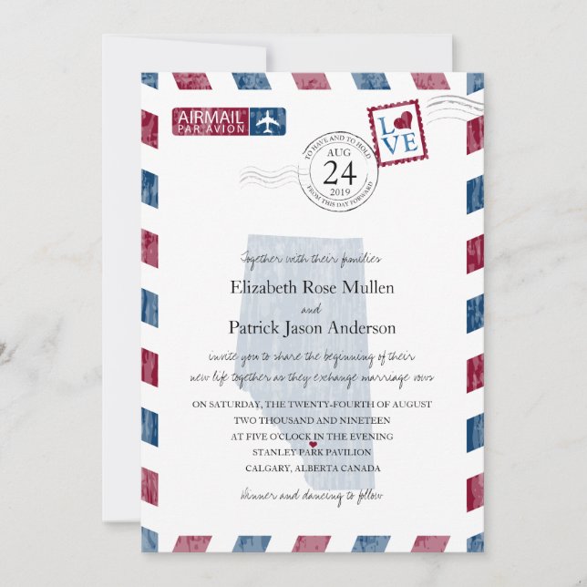 Calgary Alberta Canada Airmail Wedding Invitation (Front)