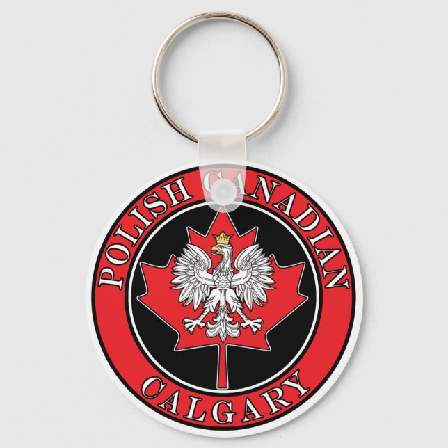 Calgary Round Polish Canadian Leaf Key Ring (Front)